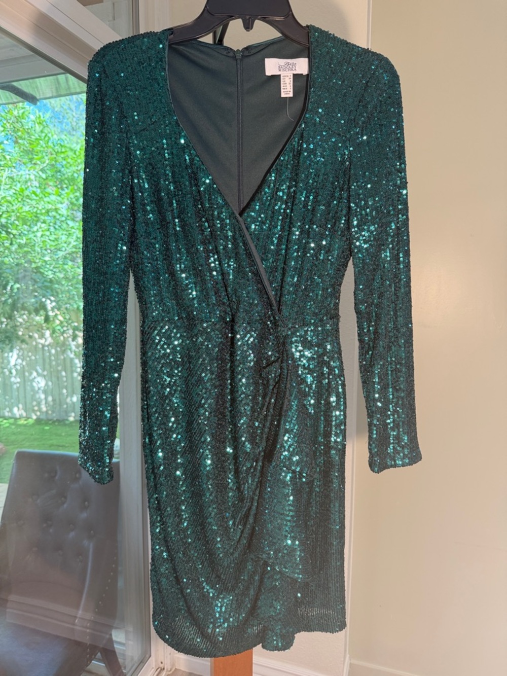 Badgley Mischka Emerald Green Sequin Long-Sleeve Wrap Dress